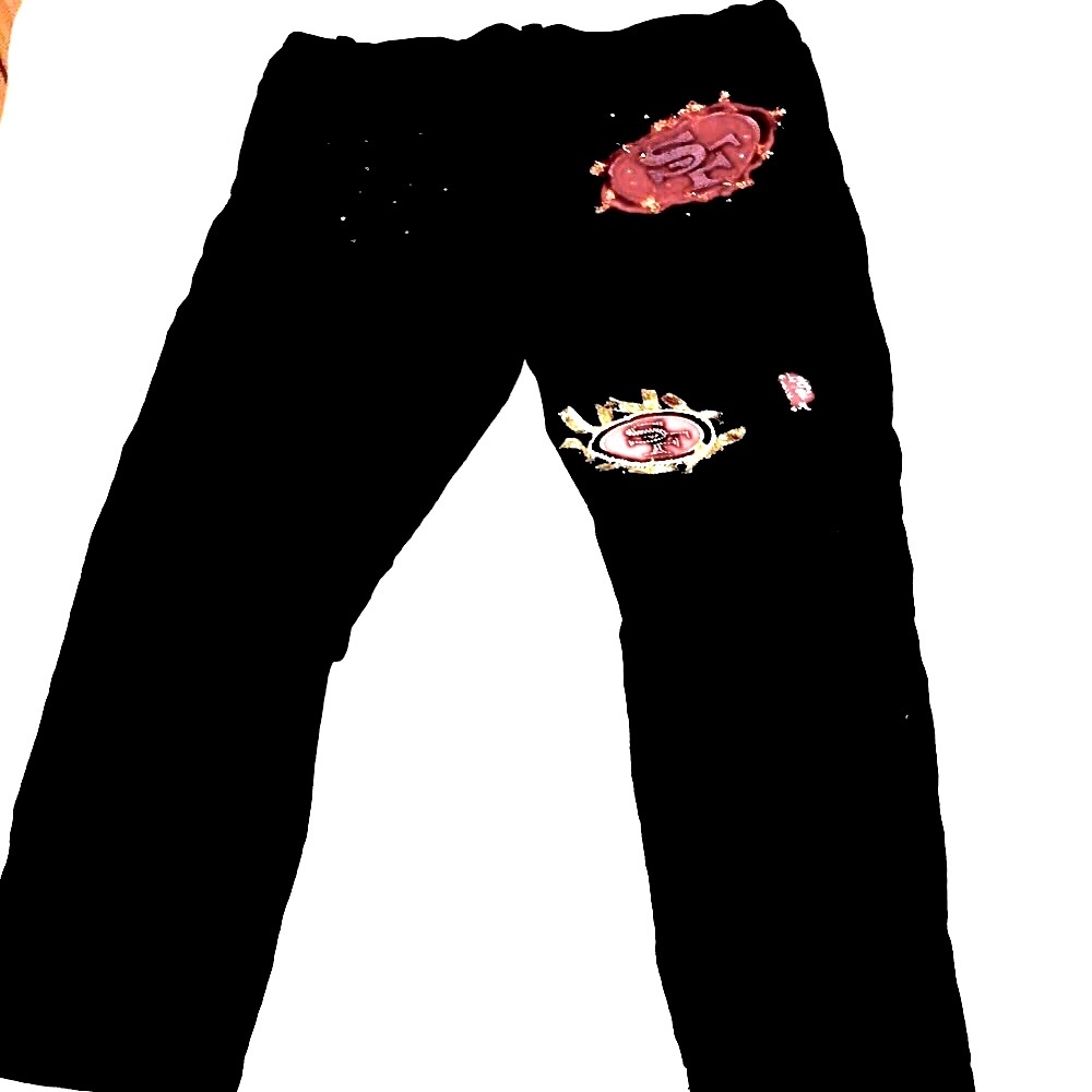 Women’s UPCYCLED HAND CRAFTED 49ers Themed Black Jeans TAHARI Sz 14P - Picture 14 of 15